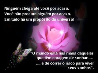 Ninguém chega até você por acaso. Você não procura alguém por acaso.  Em tudo há um propósito do universo!  "O mundo está nas mãos daqueles que têm coragem de sonhar....,  .....e de correr o risco para viver seus sonhos". 