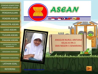 STANDAR KOMPETENSI
KOMPETENSI DASAR
PENDIRI ASEAN
PENDAHULUAN
ANGGOTA ASEAN
LOGO ASEAN
TUJUAN ASEAN
PIAGAM ASEAN
KERJASAMA POLITIK
KEAMANAN
KERJASAMA EKONOMI
KERJASAMA FUNGSIONAL
REFERENSI
LATIHAN SOAL
ANGGUN NURUL ARIFIANA
KELAS XI IPA 3
SMA NEGERI 5 SEMARANG
@anggunjeonghttp://pkndisma.blogspot.com
 