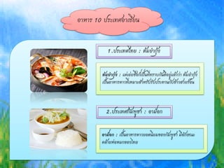 อาหาร 10 ประเทศอาเซียน
1.ประเทศไทย : ต้มยากุ้ง
ต้มยากุ้ง : แค่เอ่ยชื่อก็เป็นที่ทราบกันดีอยู่แล้วว่า ต้มยากุ้ง
เป็นอาหารคาวที่เหมาะสาหรับรับประทานกับข้าวสวยร้อน
2.ประเทศกัมพูชา : อาม็อก
อาม็อก : เป็นอาหารคาวยอดนิยมของกัมพูชา มีลักษณะ
คล้ายห่อหมกของไทย
 