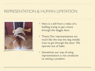REPRESENTATION & HUMAN LIMITATION
Here is a still from a video of a
bulldog trying to get a bone
through the doggie door. 	

Thesis: Our representations are
much like the way the dog initially
tries to get through the door. We
operate out of habit.	

Sometimes our way of using
representations is not conducive
to solving a problem.
 