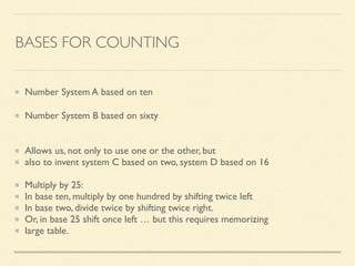 BASES FOR COUNTING
Number System A based on ten	

Number System B based on sixty	

!
Allows us, not only to use one or the other, but	

also to invent system C based on two, system D based on 16	

!
Multiply by 25: 	

In base ten, multiply by one hundred by shifting twice left	

In base two, divide twice by shifting twice right.	

Or, in base 25 shift once left … but this requires memorizing 	

large table.
 