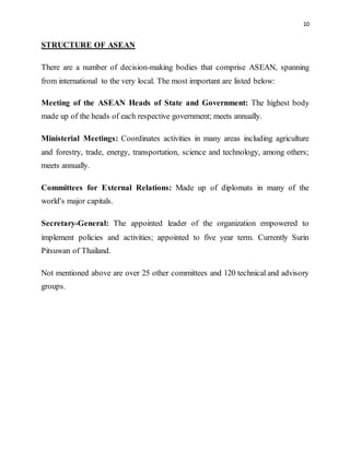 10
STRUCTURE OF ASEAN
There are a number of decision-making bodies that comprise ASEAN, spanning
from international to the very local. The most important are listed below:
Meeting of the ASEAN Heads of State and Government: The highest body
made up of the heads of each respective government; meets annually.
Ministerial Meetings: Coordinates activities in many areas including agriculture
and forestry, trade, energy, transportation, science and technology, among others;
meets annually.
Committees for External Relations: Made up of diplomats in many of the
world's major capitals.
Secretary-General: The appointed leader of the organization empowered to
implement policies and activities; appointed to five year term. Currently Surin
Pitsuwan of Thailand.
Not mentioned above are over 25 other committees and 120 technical and advisory
groups.
 