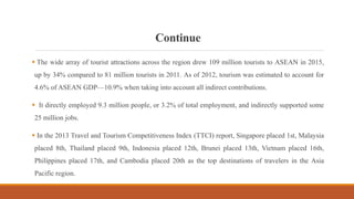 Continue
 The wide array of tourist attractions across the region drew 109 million tourists to ASEAN in 2015,
up by 34% compared to 81 million tourists in 2011. As of 2012, tourism was estimated to account for
4.6% of ASEAN GDP—10.9% when taking into account all indirect contributions.
 It directly employed 9.3 million people, or 3.2% of total employment, and indirectly supported some
25 million jobs.
 In the 2013 Travel and Tourism Competitiveness Index (TTCI) report, Singapore placed 1st, Malaysia
placed 8th, Thailand placed 9th, Indonesia placed 12th, Brunei placed 13th, Vietnam placed 16th,
Philippines placed 17th, and Cambodia placed 20th as the top destinations of travelers in the Asia
Pacific region.
 