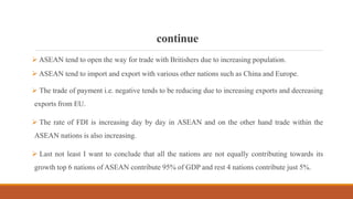 continue
 ASEAN tend to open the way for trade with Britishers due to increasing population.
 ASEAN tend to import and export with various other nations such as China and Europe.
 The trade of payment i.e. negative tends to be reducing due to increasing exports and decreasing
exports from EU.
 The rate of FDI is increasing day by day in ASEAN and on the other hand trade within the
ASEAN nations is also increasing.
 Last not least I want to conclude that all the nations are not equally contributing towards its
growth top 6 nations of ASEAN contribute 95% of GDP and rest 4 nations contribute just 5%.
 