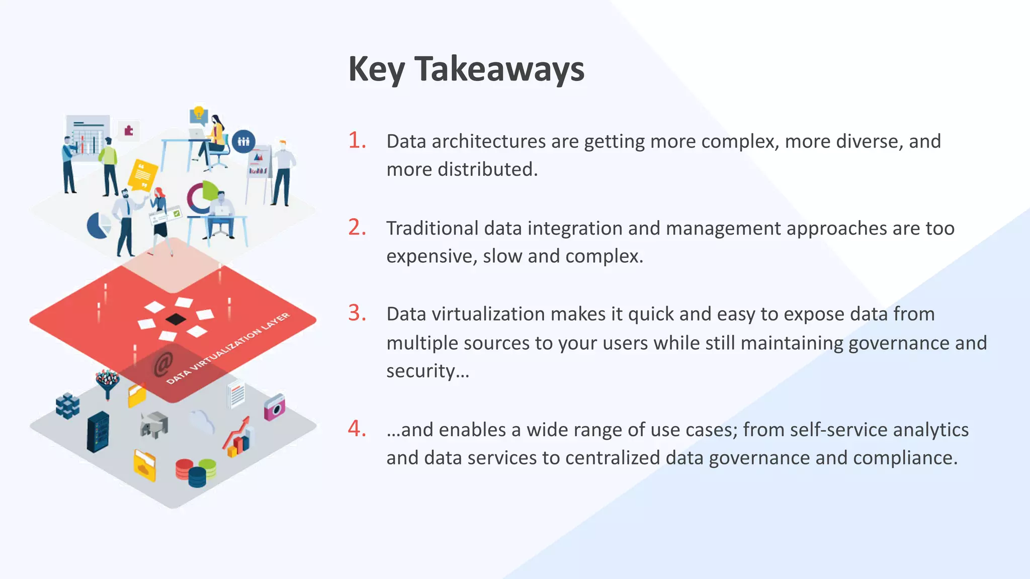 1. Data architectures are getting more complex, more diverse, and
more distributed.
2. Traditional data integration and management approaches are too
expensive, slow and complex.
3. Data virtualization makes it quick and easy to expose data from
multiple sources to your users while still maintaining governance and
security…
4. …and enables a wide range of use cases; from self-service analytics
and data services to centralized data governance and compliance.
Key Takeaways
 