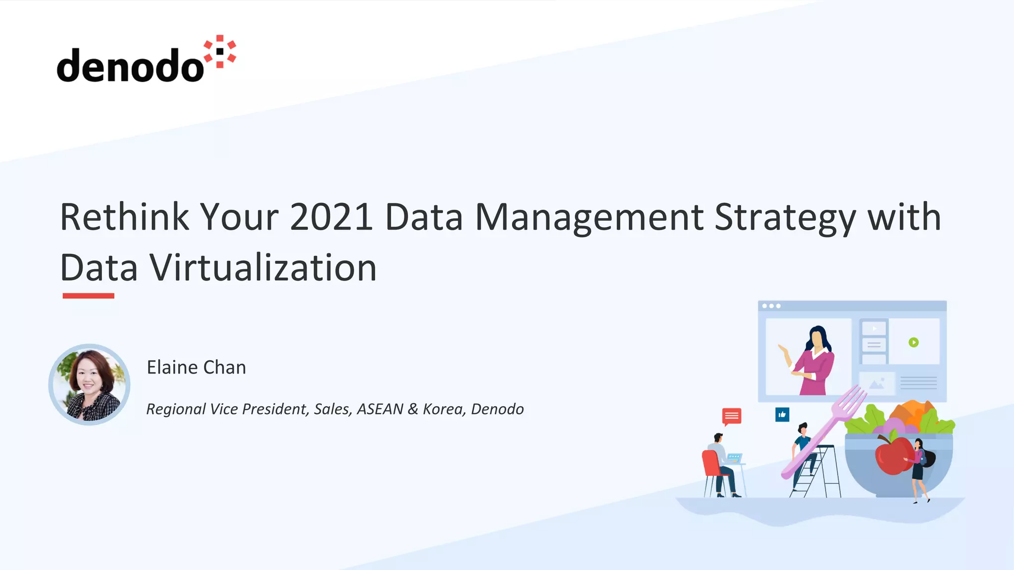Rethink Your 2021 Data Management Strategy with
Data Virtualization
Regional Vice President, Sales, ASEAN & Korea, Denodo
Elaine Chan
 