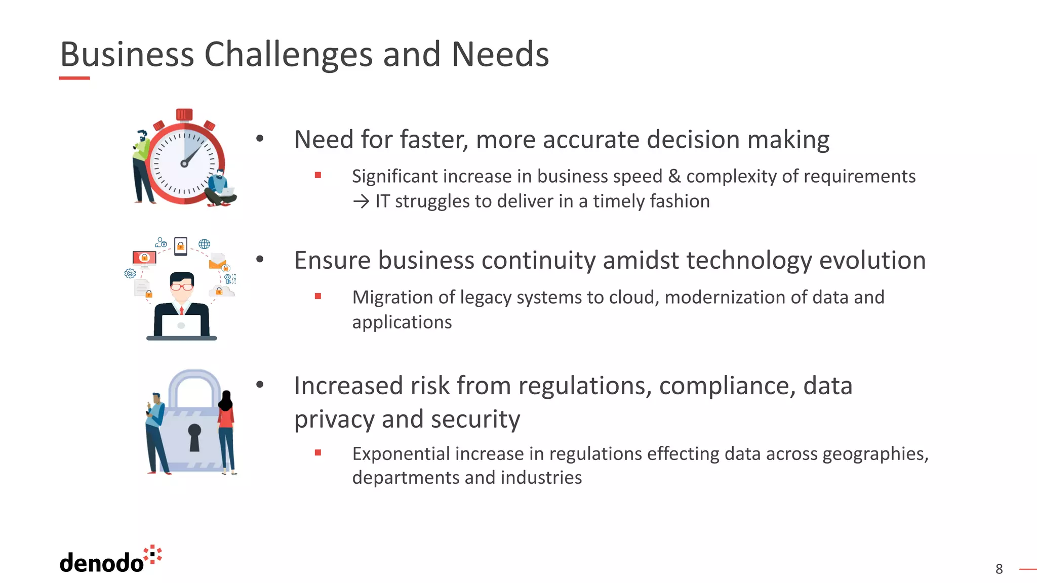 8
Business Challenges and Needs
• Need for faster, more accurate decision making
§ Significant increase in business speed & complexity of requirements
→ IT struggles to deliver in a timely fashion
• Ensure business continuity amidst technology evolution
§ Migration of legacy systems to cloud, modernization of data and
applications
• Increased risk from regulations, compliance, data
privacy and security
§ Exponential increase in regulations effecting data across geographies,
departments and industries
 