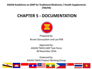 Prepared by:
Approved by:
ASEAN TMHS GMP Task Force
30 November 2016
Endorsed by:
ASEAN TMHS Product Working Group
ASEAN Guidelines on GMP for Traditional Medicines / Health Supplements
(TM/HS)
CHAPTER 5 - DOCUMENTATION
Brunei Darussalam and Lao PDR
1
 