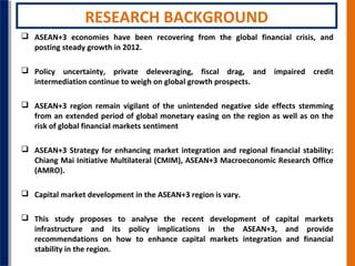 RESEARCH BACKGROUND
 ASEAN+3 economies have been recovering from the global financial crisis, and
posting steady growth in 2012.
 Policy uncertainty, private deleveraging, fiscal drag, and impaired credit
intermediation continue to weigh on global growth prospects.
 ASEAN+3 region remain vigilant of the unintended negative side effects stemming
from an extended period of global monetary easing on the region as well as on the
risk of global financial markets sentiment
 ASEAN+3 Strategy for enhancing market integration and regional financial stability:
Chiang Mai Initiative Multilateral (CMIM), ASEAN+3 Macroeconomic Research Office
(AMRO).
 Capital market development in the ASEAN+3 region is vary.
 This study proposes to analyse the recent development of capital markets
infrastructure and its policy implications in the ASEAN+3, and provide
recommendations on how to enhance capital markets integration and financial
stability in the region.

 