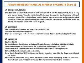 ASEAN MEMBER FINANCIAL MARKET PRODUCTS (Part 1)
 BRUNEI DARUSSALAM
The stock and bond markets are small and conducted OTC. In the stock market, there is only
one market player/financial institution offering over-the-counter purchases and selling of
company stocks/shares. In the bond market, Brunei have government and corporate sukuk
issuances. AMBD, on behalf of the government of Brunei Darussalam, is the main issuer for
Brunei Government Short-term Sukuk al-Ijarah.
 CAMBODIA
Two types of securities that are able to be traded on CSX:
Common Stock and Preferred Stock
There are currently no such a modern or institutionalized stock in Cambodia Capital Market
 INDONESIA
Equities (Stock)
Corporate Bonds: Bond issued by National Private Company, including BUMN and BUMD.
Government Bonds: Bonds Issued by the Government including ORI and T-Bill.
Corporate Sukuk: Fixed Income instruments are issued based on Sharia principles.
Corporate Sukuk Revenue based on contract.
State Sharia Securities/SBSN or Corporate Sukuk: Securities issued by the Government based
on Sharia
Asset-Backed Securities (ABS): Debt Securities issued with underlying assets as the basis.
Derivatives issued in Indonesia include stock options and Index Future Contracts.

 