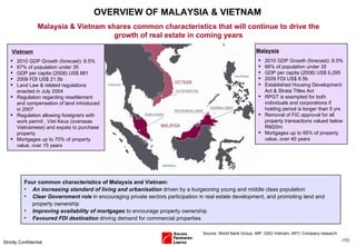 OVERVIEW OF MALAYSIA & VIETNAM Malaysia & Vietnam shares common characteristics that will continue to drive the growth of real estate in coming years 2010 GDP Growth (forecast): 6.0% 66% of population under 35 GDP per capita (2008) US$ 6,295 2009 FDI US$ 8.5b Established Housing Development Act & Strata Titles Act RPGT is exempted for both individuals and corporations if holding period is longer than 5 yrs Removal of FIC approval for all property transactions valued below RM20m  Mortgages up to 95% of property value, over  40 years Malaysia Four common characteristics of Malaysia and Vietnam: An increasing standard of living and urbanisation  driven by a burgeoning young and middle class population Clear Government role  in encouraging private sectors participation in real estate development, and promoting land and property ownership Improving availability of mortgages  to encourage property ownership Favoured FDI destination  driving demand for commercial properties   2010 GDP Growth (forecast): 6.5% 67% of population under 35 GDP per capita (2008) US$ 881 2009 FDI US$ 21.5b  Land Law & related regulations enacted in July 2004 Regulation regarding resettlement and compensation of land introduced in 2007 Regulation allowing foreigners with work permit , Viet Keus (overseas Vietnamese) and expats to purchase property Mortgages up to 70% of property value, over 15 years Vietnam Source: World Bank Group, IMF, GSO Vietnam, MITI, Company research Strictly Confidential ( ) 