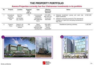 THE PROPERTY PORTFOLIO Strictly confidential ( ) Aseana Properties currently has four Vietnamese investments in its portfolio 1 No. Projects Location Expected GDV  (US$ m) Type Effective Ownership Structure Status Equity (US$) 1 International Hi-Tech Healthcare Park Binh Tan District,  Ho Chi Minh City, Vietnam 770 Commercial & residential development with healthcare theme 51% ASPL, 49% Hoa Lam Group and associates Obtained Investment License and Land Use Rights Certificates.  Obtained construction license for City International Hospital on 6 April 2010 and piling commenced in May 2010. 27,601,000 2 Queen’s Place District 4, Ho Chi Minh City, Vietnam 195 Mixed residential, office and retail development 65% ASPL, 35% Binh Duong Corporation Resettlement planning underway 5,397,600 2 