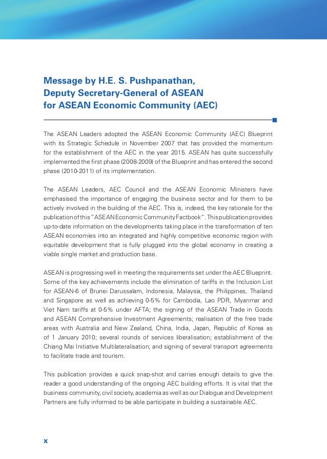 asean economic community factbook X message by he s pushpanathan, deputy secretary-general of asean for asean economic community (aec) the asean leaders adopted the asean economic community (aec. asean economic community factbook X message by he s pushpanathan, deputy secretary-general of asean for asean economic community (aec) the asean leaders adopted the asean economic community (aec.