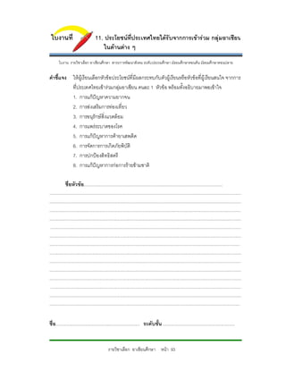 ใบงานที่                               11. ประโยชนที่ประเทศไทยไดรับจากการเขารวม กลุมอาเซียน
                                                ในดานตาง ๆ
        ใบงาน รายวิชาเลือก อาเชียนศึกษา สาระการพัฒนาสังคม ระดับประถมศึกษา มัธยมศึกษาตอนตน มัธยมศึกษาตอนปลาย

คําชี้แจง ใหผเู รียนเลือกหัวขอประโยชนที่มีผลกระทบกับตัวผูเรียนหรือหัวขอที่ผูเรียนสนใจ จากการ
          ที่ประเทศไทยเขารวมกลุมอาเซียน คนละ 1 หัวขอ พรอมทั้งอธิบายมาพอเขาใจ
          1. การแกปญหาความยากจน
          2. การสงเสริมการทองเที่ยว
          3. การอนุรักษสิ่งแวดลอม
          4. การแพรระบาดของโรค
          5. การแกปญหาการคายาเสพติด
          6. การจัดการการเกิดภัยพิบัติ
          7. การปกปองสิทธิสตรี
          8. การแกปญหาการกอการรายขามชาติ

              ชื่อหัวขอ............................................................................................................................
...........................................................................................................................................................................
...........................................................................................................................................................................
...........................................................................................................................................................................
...........................................................................................................................................................................
 ..........................................................................................................................................................................
...........................................................................................................................................................................
..........................................................................................................................................................................
...........................................................................................................................................................................
...........................................................................................................................................................................
...........................................................................................................................................................................
...........................................................................................................................................................................
 ..........................................................................................................................................................................
...........................................................................................................................................................................
..........................................................................................................................................................................


ชื่อ........................................................................... ระดับชั้น ................................................................


                                                    รายวิชาเลือก อาเซียนศึกษา หนา 93
 