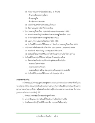 2.2 ความสําคัญในการรวมมือของอาเซียน 3 ดาน คือ
                - ดานการเมืองและความมั่นคง
                - ดานเศรษฐกิจ
                - ดานสังคมและวัฒนธรรม
            2.3 ผลจากการประชุมอาเซียนในรอบปที่ผานมา
            2.4 ปญหาและอุปสรรคที่สําคัญของอาเซียน
         3. ประชาคมเศรษฐกิจอาเซียน (ASEAN Economic Community) : AEC
            3.1 ความหมายและวัตถุประสงคของประชาคมเศรษฐกิจอาเซียน (AEC)
            3.2 เปาหมายของประชาคมเศรษฐกิจอาเซียน (AEC)
            3.3 แนวทางการดําเนินงานเพื่อนําไปสูการเปน AEC
            3.4 ประโยชนที่ประเทศไทยไดรับจากการเขารวมประชาคมเศรษฐกิจอาเซียน (AEC)
         4. การกําเนิดการจัดตั้งเขตการคาเสรีอาเซียน (ASEAN Free Trade Area) : AFTA
            4.1 ความหมาย ความสําคัญ และวัตถุประสงคของ AFTA
            4.2 ประโยชนที่ประเทศไทยไดรับจากการเขารวมเขตการคาเสรีอาเซียน (AFTA)
         5. ประโยชนที่ประเทศไทยไดรับในการเปนสมาชิกของกลุมอาเซียน
            5.1 ทิศทางสังคมไทยตอการเปลี่ยนแปลงสูสังคมอาเซียนในดาน
                - ความรวมมือทางการเมือง
                - ความรวมมือทางเศรษฐกิจ
                - ความรวมมือเฉพาะดาน เชน แรงงาน เด็กและเยาวชน ยาเสพติด
            5.2 ประโยชนที่ประเทศไทยไดรับจากการเขารวมกลุมอาเซียน

กระบวนการเรียนรู
         การจั ดกระบวนการเรี ยนรู ตามหลั กสู ตรการศึ กษานอกระบบระดั บ การศึ กษาขั้ น พื้ น ฐาน
พุทธศักราช 2551 มุงพัฒนาใหผูเรียนมีความรูความสามารถในการเรียนรู โดยเนนพัฒนาทักษะการ
แสวงหาความรู ประยุก ตใ ชความรู และสรา งองค ความรูสํ าหรับ ตนเอง ชุมชนและสั งคม ซึ่งกําหนด
รูปแบบการจัดกระบวนการเรียนรู ดังนี้
         1. กําหนดสภาพหัวขอเนื้อหาของหลักสูตรที่กําหนด
         2. แสวงหาขอมูลและจัดการเรียนรูที่เชื่อมโยงความรูใหมกับความรูเดิม
         3. ประเมินผลการเรียนรู โดยใหมีการประเมิน ทบทวนแกไขขอบกพรอง




                             รายวิชาเลือก อาเซียนศึกษา หนา 9
 