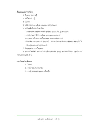 สื่อและแหลงการเรียนรู
        1. ใบงาน / ใบความรู
        2. นักวิชาการ / ผูรู
        3. เอกสาร
        4. VCD ของกรมอาเซียน กระทรวงการตางประเทศ
        5. เว็บไซตที่เกี่ยวของกับอาเซียน
           - กรมอาเซียน กระทรวงการตางประเทศ (www.mfa.go.th/asean)
           - สํานักงานเลขาธิการอาเซียน (www.aseansec.org)
           - สมาคมอาเซียน-ประเทศไทย (www.aseanthailand.org)
           - วิกิพีเ ดีย สารานุกรมเสรี ออนไลน - สมาคมประชาชาติ แหงเอเชียตะวัน ออกเฉียงใต
             (th.wikipedia.org/wiki/Asean)
        6. หองสมุดประชาชนในชุมชน
        7. รายการโทรทัศน รายการ วิถีอ าเซียน (ASEAN Way) จากไทยทีวีสีชอง 3 ทุกวันเสาร
เวลาประมาณ 05.45 น.

การวัดผลประเมินผล
         1. ใบงาน
         2. การเขารวมกิจกรรมกลุม
         3. การนําเสนอผลงานจากการคนควา




                           รายวิชาเลือก อาเซียนศึกษา หนา 10
 