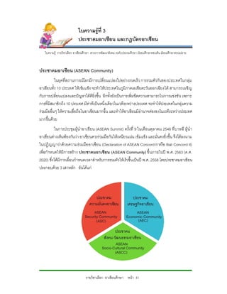 ใบความรูที่ 3
                           ประชาคมอาเซียน และกฎบัตรอาเซียน
   ใบความรู รายวิชาเลือก อาเชียนศึกษา สาระการพัฒนาสังคม ระดับประถมศึกษา มัธยมศึกษาตอนตน มัธยมศึกษาตอนปลาย



ประชาคมอาเซียน (ASEAN Community)
           ในยุคที่สถานการณโลกมีการเปลี่ยนแปลงไปอยางรวดเร็ว การรวมตัวกันของประเทศในกลุม
อาเซียนทั้ง 10 ประเทศ ใหเขมแข็ง จะทําใหประเทศในภูมิภาคเอเซียตะวันออกเฉียงใต สามารถเผชิญ
กับการเปลี่ยนแปลงและปญหาไดดียิ่งขึ้น อีกทั้งยังเปนการเพิ่มขีดความสามารถในการแขงขัน เพราะ
การที่มีสมาชิกถึง 10 ประเทศ มีทาทีเปนหนึ่งเดียวในเวทีระหวางประเทศ จะทําใหประเทศในกลุมความ
รวมมืออื่นๆ ใหความเชื่อถือในอาเซียนมากขึ้น และทําใหอาเซียนมีอํานาจตอรองในเวทีระหวางประเทศ
มากขึ้นดวย
          ในการประชุมผูนําอาเซียน (ASEAN Summit) ครั้งที่ 9 ในเดือนตุลาคม 2546 ที่บาหลี ผูนํา
อาเซียนตางเห็นพองกันวา อาเซียนควรรวมมือกันใหเหนียวแนน เขมแข็ง และมั่นคงยิ่งขึ้น จึงไดลงนาม
ในปฏิญญาวาดวยความรวมมือ อาเซียน (Declaration of ASEAN Concord II หรือ Bali Concord II)
เพื่อกําหนดใหมีการสราง ประชาคมอาเซียน (ASEAN Community) ขึ้นภายในป พ.ศ. 2563 (ค.ศ.
2020) ซึ่งไดมีการเลื่อนกําหนดเวลาสําหรับการรวมตัวใหเร็วขึ้นเปนป พ.ศ. 2558 โดยประชาคมอาเชียน
ประกอบดวย 3 เสาหลัก อันไดแก




                                 รายวิชาเลือก อาเซียนศึกษา หนา 41
 