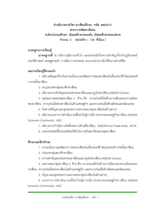 คําอธิบายรายวิชา อาเซียนศึกษา รหัส สค02015
                                สาระการพัฒนาสังคม
              ระดับประถมศึกษา มัธยมศึกษาตอนตน มัธยมศึกษาตอนปลาย
                         จํานวน 3 หนวยกิต ( 120 ชั่วโมง )

มาตรฐานการเรียนรู
         มาตรฐานที่ 5.1 มีค วามรูความเขา ใจ และตระหนั กถึ งความสํ าคั ญเกี่ ยวกั บ ภูมิศาสตร
ประวัติศาสตร เศรษฐศาสตร การเมือง การปกครอง สามารถนํามาปรับใชในการดํารงชีวิต

ผลการเรียนรูที่คาดหวัง
          1. อธิบายขอมูลเกี่ยวกับความเปนมาและพัฒนาการของอาเซียนในเรื่องประวัติ วัตถุประสงค
การกอตั้งอาเซียน
          2. ระบุประเทศกลุมสมาชิกอาเซียน
          3. อธิบายความสําคัญของประชาคมอาเซียนและกฎบัตรอาเซียน (ASEAN Charter)
          4. สรุปผลงานของกลุมอาเซียน 3 ดาน คือ ความรวมมือในดานการเมืองและความมันคง   ่
ของอาเซียน ความรวมมือของอาเซียนในดานเศรษฐกิจ และความรวมมือดานสังคมและวัฒนธรรม
          5. วิเคราะหปญหาและอุปสรรคจากผลงานของกลุมอาเซียนในดานตางๆ
          6. อธิบายแนวทางการดําเนินงานเพื่อนําไปสูการเปน ประชาคมเศรษฐกิจ อาเซียน (ASEAN
Economic Community) : AEC
          7. อธิบายการกําเนิดการจัดตั้งเขตการคาเสรีอาเซียน (ASEAN Free Trade Area) : AFTA
          8. บอกประโยชนที่ประเทศไทยไดรับในการเปนสมาชิกของกลุมอาเซียน

ศึกษาและฝกทักษะ
        1. ความเปนมาและพัฒนาการของอาเซียนในเรื่องประวัติ วัตถุประสงคการกอตั้งอาเซียน
        2. ประเทศกลุมสมาชิกอาเซียน
        3. ความสําคัญของประชาคมอาเซียนและกฎบัตรอาเซียน (ASEAN Charter)
        4. ผลงานของกลุมอาเซียน 3 ดาน คือ ความรวมมือ ในดานการเมือ งและความมั่น คงของ
อาเซียน ความรวมมือของอาเซียนในดานเศรษฐกิจ และความรวมมือดานสังคมและวัฒนธรรม
        5. ปญหาและอุปสรรคจากผลงานของกลุมอาเซียนในดานตางๆ
        6. แนวทางการดํ า เนิ น งานเพื่ อ นํ า ไปสู ก ารเป น ประชาคมเศรษฐกิ จ อาเซี ย น (ASEAN
Economic Community) : AEC

                             รายวิชาเลือก อาเซียนศึกษา หนา 1
 