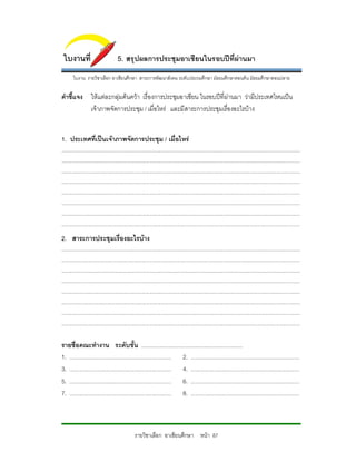 ใบงานที่                               5. สรุปผลการประชุมอาเซียนในรอบปที่ผานมา
        ใบงาน รายวิชาเลือก อาเชียนศึกษา สาระการพัฒนาสังคม ระดับประถมศึกษา มัธยมศึกษาตอนตน มัธยมศึกษาตอนปลาย

คําชี้แจง ใหแตละกลุมคนควา เรื่องการประชุมอาเซียน ในรอบปที่ผานมา วามีประเทศไหนเปน
          เจาภาพจัดการประชุม / เมื่อไหร และมีสาระการประชุมเรื่องอะไรบาง


1. ประเทศที่เปนเจาภาพจัดการประชุม / เมื่อไหร
...........................................................................................................................................................................
...........................................................................................................................................................................
...........................................................................................................................................................................
...........................................................................................................................................................................
...........................................................................................................................................................................
...........................................................................................................................................................................
...........................................................................................................................................................................
...........................................................................................................................................................................
2. สาระการประชุมเรื่องอะไรบาง
...........................................................................................................................................................................
...........................................................................................................................................................................
...........................................................................................................................................................................
...........................................................................................................................................................................
...........................................................................................................................................................................
...........................................................................................................................................................................
...........................................................................................................................................................................
...........................................................................................................................................................................

รายชื่อคณะทํางาน ระดับชั้น .........................................................................
1. ......................................................................... 2. ..............................................................................
3. ......................................................................... 4. ..............................................................................
5. ......................................................................... 6. ..............................................................................
7. ......................................................................... 8. ..............................................................................



                                                    รายวิชาเลือก อาเซียนศึกษา หนา 87
 