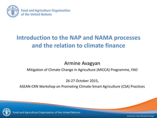 Introduction to the NAP and NAMA processes
and the relation to climate finance
Armine Avagyan
Mitigation of Climate Change in Agriculture (MICCA) Programme, FAO
26-27 October 2015,
ASEAN-CRN Workshop on Promoting Climate-Smart Agriculture (CSA) Practices
 