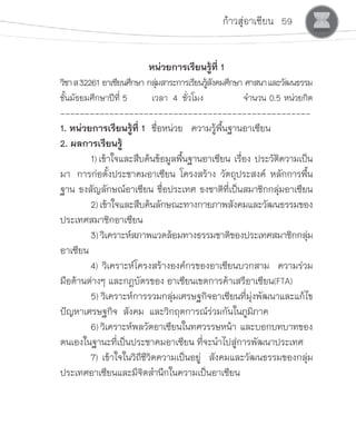 ก้าวสู่อาเซียน 59
หน่วยการเรียนรู้ที่ 1
วิชาส32261  อาเซียนศึกษา  กลุ่มสาระการเรียนรู้สังคมศึกษา  ศาสนาและวัฒนธรรม
ชั้นมัธยมศึกษาปีที่ 5 	 เวลา  4  ชั่วโมง	    	 จ�ำนวน  0.5  หน่วยกิต
---------------------------------------------------
1. หน่วยการเรียนรู้ที่ 1	 ชื่อหน่วย   ความรู้พื้นฐานอาเซียน
2. ผลการเรียนรู้
	 1)เข้าใจและสืบค้นข้อมูลพื้นฐานอาเซียน  เรื่อง  ประวัติความเป็น
มา   การก่อตั้งประชาคมอาเซียน  โครงสร้าง  วัตถุประสงค์  หลักการพื้น
ฐาน  ธงสัญลักษณ์อาเซียน  ชื่อประเทศ  ธงชาติที่เป็นสมาชิกกลุ่มอาเซียน
	 2)เข้าใจและสืบค้นลักษณะทางกายภาพสังคมและวัฒนธรรมของ
ประเทศสมาชิกอาเซียน
	 3)วิเคราะห์สภาพแวดล้อมทางธรรมชาติของประเทศสมาชิกกลุ่ม
อาเซียน
	 4) วิเคราะห์โครงสร้างองค์กรของอาเซียนบวกสาม  ความร่วม
มือด้านต่างๆ และกฎบัตรของ อาเซียนเขตการค้าเสรีอาเซียน(FTA)
	 5) วิเคราะห์การรวมกลุ่มเศรษฐกิจอาเซียนที่มุ่งพัฒนาและแก้ไข
ปัญหาเศรษฐกิจ  สังคม  และวิกฤตการณ์ร่วมกันในภูมิภาค
	 6) วิเคราะห์พลวัตอาเซียนในทศวรรษหน้า  และบอกบทบาทของ
ตนเองในฐานะที่เป็นประชาคมอาเซียน ที่จะน�ำไปสู่การพัฒนาประเทศ
	 7) เข้าใจในวิถีชีวิตความเป็นอยู่  สังคมและวัฒนธรรมของกลุ่ม
ประเทศอาเซียนและมีจิตส�ำนึกในความเป็นอาเซียน
 
