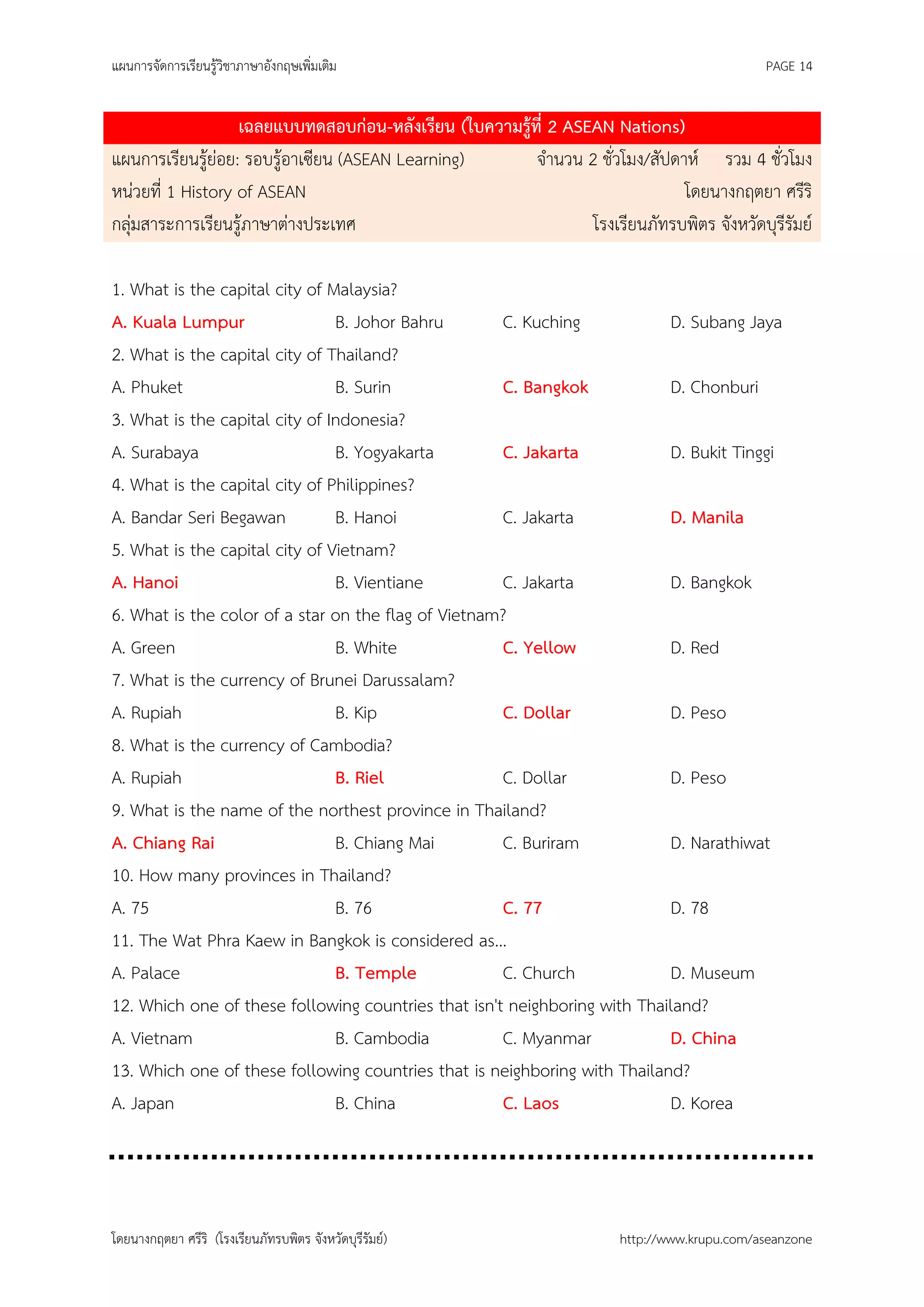 แผนการจัดการเรียนรู้วิชาภาษาอังกฤษเพิ่มเติม                                                  PAGE 14


                   เฉลยแบบทดสอบก่อน-หลังเรียน (ใบความรู้ที่ 2 ASEAN Nations)
แผนการเรียนรู้ย่อย: รอบรู้อาเซียน (ASEAN Learning)       จานวน 2 ชั่วโมง/สัปดาห์ รวม 4 ชั่วโมง
หน่วยที่ 1 History of ASEAN                                                   โดยนางกฤตยา ศรีริ
กลุ่มสาระการเรียนรู้ภาษาต่างประเทศ                               โรงเรียนภัทรบพิตร จังหวัดบุรีรัมย์

1. What is the capital city of Malaysia?
A. Kuala Lumpur                 B. Johor Bahru        C. Kuching           D. Subang Jaya
2. What is the capital city of Thailand?
A. Phuket                       B. Surin              C. Bangkok           D. Chonburi
3. What is the capital city of Indonesia?
A. Surabaya                     B. Yogyakarta         C. Jakarta           D. Bukit Tinggi
4. What is the capital city of Philippines?
A. Bandar Seri Begawan          B. Hanoi              C. Jakarta           D. Manila
5. What is the capital city of Vietnam?
A. Hanoi                        B. Vientiane          C. Jakarta           D. Bangkok
6. What is the color of a star on the flag of Vietnam?
A. Green                        B. White              C. Yellow            D. Red
7. What is the currency of Brunei Darussalam?
A. Rupiah                       B. Kip                C. Dollar            D. Peso
8. What is the currency of Cambodia?
A. Rupiah                       B. Riel               C. Dollar            D. Peso
9. What is the name of the northest province in Thailand?
A. Chiang Rai                   B. Chiang Mai         C. Buriram           D. Narathiwat
10. How many provinces in Thailand?
A. 75                           B. 76                 C. 77                D. 78
11. The Wat Phra Kaew in Bangkok is considered as...
A. Palace                       B. Temple             C. Church            D. Museum
12. Which one of these following countries that isn't neighboring with Thailand?
A. Vietnam                      B. Cambodia           C. Myanmar           D. China
13. Which one of these following countries that is neighboring with Thailand?
A. Japan                        B. China              C. Laos              D. Korea




โดยนางกฤตยา ศรีริ (โรงเรียนภัทรบพิตร จังหวัดบุรีรัมย์)                 http://www.krupu.com/aseanzone
 