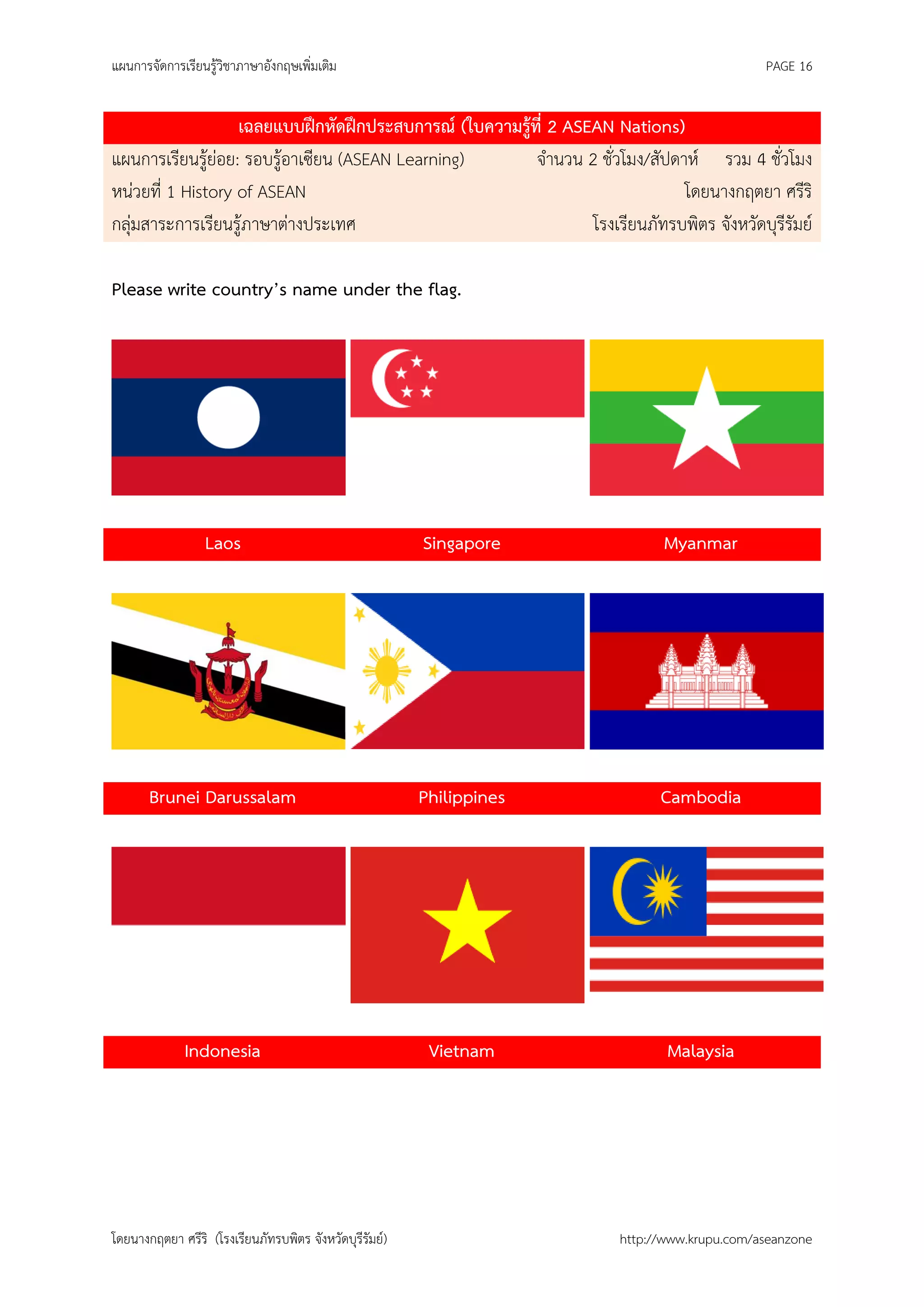แผนการจัดการเรียนรู้วิชาภาษาอังกฤษเพิ่มเติม                                                  PAGE 16


                   เฉลยแบบฝึกหัดฝึกประสบการณ์ (ใบความรู้ที่ 2 ASEAN Nations)
แผนการเรียนรู้ย่อย: รอบรู้อาเซียน (ASEAN Learning)       จานวน 2 ชั่วโมง/สัปดาห์ รวม 4 ชั่วโมง
หน่วยที่ 1 History of ASEAN                                                   โดยนางกฤตยา ศรีริ
กลุ่มสาระการเรียนรู้ภาษาต่างประเทศ                               โรงเรียนภัทรบพิตร จังหวัดบุรีรัมย์

Please write country’s name under the flag.




                  Laos                                   Singapore            Myanmar




       Brunei Darussalam                                 Philippines         Cambodia




              Indonesia                                   Vietnam             Malaysia




โดยนางกฤตยา ศรีริ (โรงเรียนภัทรบพิตร จังหวัดบุรีรัมย์)                 http://www.krupu.com/aseanzone
 