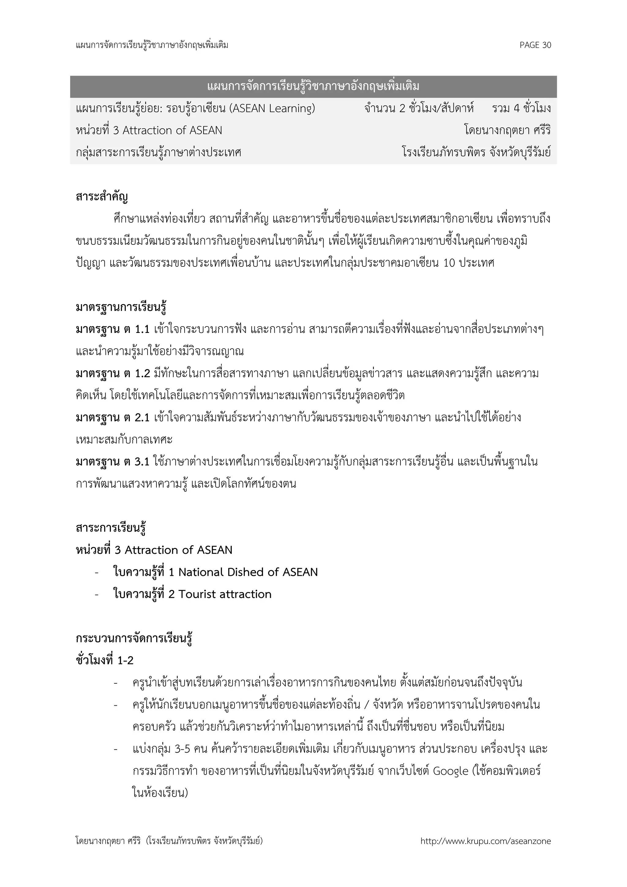 แผนการจัดการเรียนรู้วิชาภาษาอังกฤษเพิ่มเติม                                                      PAGE 30


                             แผนการจัดการเรียนรู้วิชาภาษาอังกฤษเพิ่มเติม
แผนการเรียนรู้ย่อย: รอบรู้อาเซียน (ASEAN Learning)          จานวน 2 ชั่วโมง/สัปดาห์ รวม 4 ชั่วโมง
หน่วยที่ 3 Attraction of ASEAN                                                   โดยนางกฤตยา ศรีริ
กลุ่มสาระการเรียนรู้ภาษาต่างประเทศ                                  โรงเรียนภัทรบพิตร จังหวัดบุรีรัมย์

สาระสาคัญ
       ศึกษาแหล่งท่องเที่ยว สถานที่สาคัญ และอาหารขึ้นชื่อของแต่ละประเทศสมาชิกอาเซียน เพื่อทราบถึง
ขนบธรรมเนียมวัฒนธรรมในการกินอยู่ของคนในชาตินั้นๆ เพื่อให้ผู้เรียนเกิดความซาบซึ้งในคุณค่าของภูมิ
ปัญญา และวัฒนธรรมของประเทศเพื่อนบ้าน และประเทศในกลุ่มประชาคมอาเซียน 10 ประเทศ

มาตรฐานการเรียนรู้
มาตรฐาน ต 1.1 เข้าใจกระบวนการฟัง และการอ่าน สามารถตีความเรื่องที่ฟังและอ่านจากสื่อประเภทต่างๆ
และนาความรู้มาใช้อย่างมีวิจารณญาณ
มาตรฐาน ต 1.2 มีทักษะในการสื่อสารทางภาษา แลกเปลี่ยนข้อมูลข่าวสาร และแสดงความรู้สึก และความ
คิดเห็น โดยใช้เทคโนโลยีและการจัดการที่เหมาะสมเพื่อการเรียนรู้ตลอดชีวิต
มาตรฐาน ต 2.1 เข้าใจความสัมพันธ์ระหว่างภาษากับวัฒนธรรมของเจ้าของภาษา และนาไปใช้ได้อย่าง
เหมาะสมกับกาลเทศะ
มาตรฐาน ต 3.1 ใช้ภาษาต่างประเทศในการเชื่อมโยงความรู้กับกลุ่มสาระการเรียนรู้อื่น และเป็นพื้นฐานใน
การพัฒนาแสวงหาความรู้ และเปิดโลกทัศน์ของตน

สาระการเรียนรู้
หน่วยที่ 3 Attraction of ASEAN
    - ใบความรู้ที่ 1 National Dished of ASEAN
    - ใบความรู้ที่ 2 Tourist attraction

กระบวนการจัดการเรียนรู้
ชั่วโมงที่ 1-2
          - ครูนาเข้าสู่บทเรียนด้วยการเล่าเรื่องอาหารการกินของคนไทย ตั้งแต่สมัยก่อนจนถึงปัจจุบัน
          - ครูให้นักเรียนบอกเมนูอาหารขึ้นชื่อของแต่ละท้องถิ่น / จังหวัด หรืออาหารจานโปรดของคนใน
              ครอบครัว แล้วช่วยกันวิเคราะห์ว่าทาไมอาหารเหล่านี้ ถึงเป็นที่ชื่นชอบ หรือเป็นที่นิยม
          - แบ่งกลุ่ม 3-5 คน ค้นคว้ารายละเอียดเพิ่มเติม เกี่ยวกับเมนูอาหาร ส่วนประกอบ เครื่องปรุง และ
              กรรมวิธีการทา ของอาหารที่เป็นที่นิยมในจังหวัดบุรีรัมย์ จากเว็บไซต์ Google (ใช้คอมพิวเตอร์
              ในห้องเรียน)

โดยนางกฤตยา ศรีริ (โรงเรียนภัทรบพิตร จังหวัดบุรีรัมย์)                     http://www.krupu.com/aseanzone
 