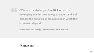 20
A Clear Multicloud Strategy Delivers Business Value, Apr 2018
CIOs face the challenge of multicloud and of
developing an effective strategy to understand and
manage the mix of cloud resources upon which their
businesses depend.
 