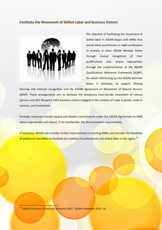 Facilitate the Movement of Skilled Labor and Business Visitors
The objective of facilitating the movement of
skilled labor in ASEAN began with MRAs that
would allow practitioners in eight professions
to practice in other ASEAN Member States
through mutual recognition of their
qualifications and, where appropriate,
through the implementation of the ASEAN
Qualifications Reference Framework (AQRF),
for which referencing by the ASEAN Member
States is voluntary, to support lifelong
learning and enhance recognition and the ASEAN Agreement on Movement of Natural Persons
(MNP). These arrangements aim to facilitate the temporary cross-border movement of natural
persons and AEC Blueprint 2025 business visitors engaged in the conduct of trade in goods, trade in
services, and investment.
Strategic measures include expand and deepen commitments under the ASEAN Agreement on MNP
where appropriate and reduce, if not standardize, the documentation requirements.
If necessary, ASEAN will consider further improvements to existing MRAs and consider the feasibility
of additional new MRAs to facilitate the mobility of professionals and skilled labor in the region.15
15
“ASEAN Economic Community Blueprint 2025”. ASEAN: November 2015. 10.
 