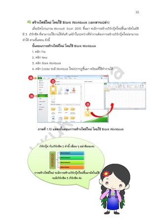 22

       สร้างไฟล์ใหม่ โดยใช้ Blank Workbook (เอกสารเปล่า)
        เมื่อเปิดโปรแกรม Microsoft Excel 2010 ขึ้นมา จะมีการสร้างเวิร์กบุ๊คใหม่ขึ้นมาอัตโนมัติ
มี 3 เวิร์กชีต ที่สามารถใช้งานได้ทันที แต่ถ้าในระหว่างที่ทางานต้องการสร้างเวิร์กบุ๊คใหม่สามารถ
ทาได้ ตามขั้นตอน ดังนี้
        ขั้นตอนการสร้างไฟล์ใหม่ โดยใช้ Blank Workbook
        1. คลิก File
        2. คลิก New
        3. คลิก Blank Workbook
        4. คลิก Create จะมี Workbook ใหม่ปรากฏขึ้นมา พร้อมที่ใช้ทางานได้




            ภาพที่ 1.10 แสดงขั้นตอนการสร้างไฟล์ใหม่ โดยใช้ Blank Workbook



             เวิร์กบุ๊ค กับเวิร์กชีต 2 คานี้ เพื่อน ๆ อย่าลืมนะคะ




         การสร้างไฟล์ใหม่ จะมีการสร้างเวิร์กบุ๊คใหม่ขึ้นมาอัตโนมัติ
                       จะมีเวิร์กชีต 3 เวิร์กชีต ค่ะ
 
