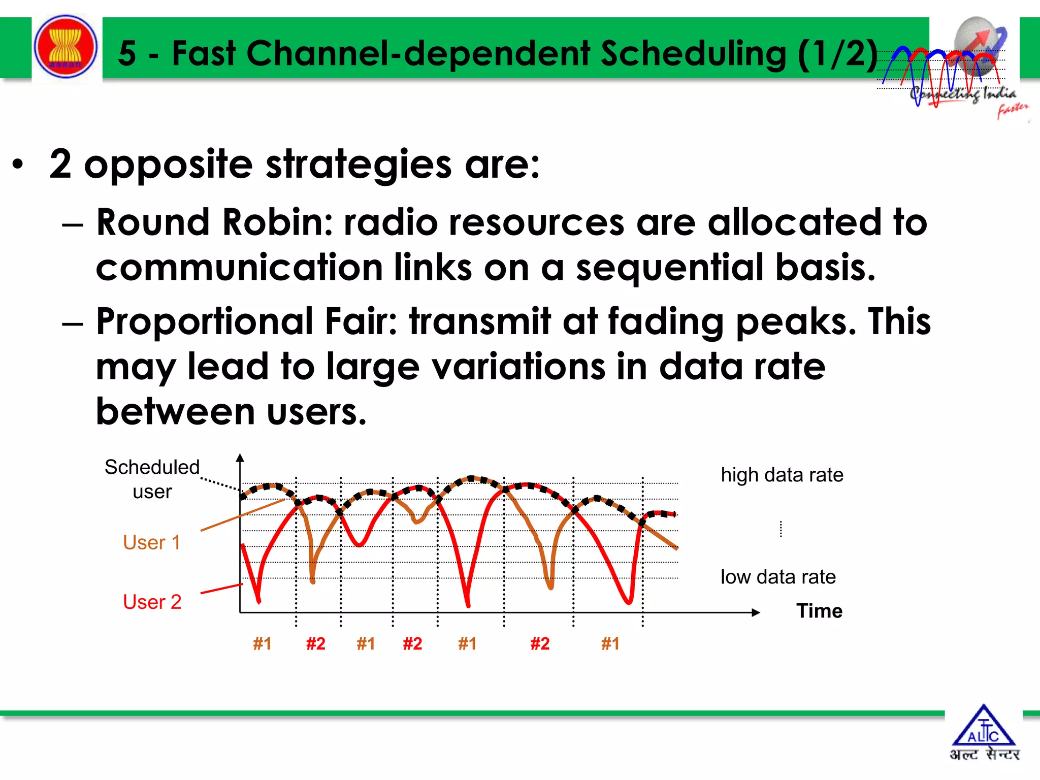 5 - Fast Channel-dependent Scheduling (1/2)
• 2 opposite strategies are:
– Round Robin: radio resources are allocated to
communication links on a sequential basis.
– Proportional Fair: transmit at fading peaks. This
may lead to large variations in data rate
between users.
high data rate
low data rate
Time
#2
#1 #2 #2
#1 #1 #1
User 2
User 1
Scheduled
user
 
