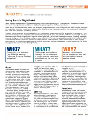 December 2014 bloombergbriefs.com Bloomberg Brief | Asean Integration 3 
TARGET 2015 TAMARA HENDERSON, BLOOMBERG ECONOMIST 
Seven years ago, the Association of Southeast Asian Nations set 2015 as the target date for the establishment of the Asean Economic 
Community. The original target was 2020, set in 2003 as the region emerged from the Asian financial crisis. 
Asean, with its combined population of more than 600 million, is being transformed into a single market and production base. Integration 
will make Asean economies more dynamic and competitive. More harmonized standards, procedures and regulations will reduce busi-ness 
Goods 
To facilitate the free flow of goods across 
national borders, Asean is eliminating tar-iffs 
and non-tariff barriers, harmonizing 
standards and integrating customs clear-ance. 
Import duties on all products, exclud-ing 
“sensitive” and “highly sensitive” items, 
are to be removed by the end of 2015 and 
tariffs on sensitive items are to be reduced 
to no more than 5 percent. All non-tariff 
barriers are to be dismantled by 2015, with 
the CLMV countries — Cambodia, Laos, 
Myanmar and Vietnam — given some 
“flexibility” in implementation until 2018. 
Asean has already achieved significant 
progress in tariff reduction. The average 
tariff rate across the region fell to 3.87 per-cent 
in 2000 from 12.76 percent in 1993, 
when the Asean Free Trade Agreement 
was launched. The Asean-6 countries 
(Brunei, Indonesia, Malaysia, Philippines, 
Singapore and Thailand) achieved 60 per-cent 
tariff elimination in 2003 and Vietnam 
achieved the same in 2006. Tariff rates 
for more than 96 percent of traded goods 
Continued on next page… 
costs, attract investment and lift living standards. 
There are three other mutually reinforcing pillars which form the foundation of Asean integration. The second pillar is the creation of a com-petitive 
economic region using competition policy to create a level playing field. Consumer protection, intellectual property rights, infrastruc-ture 
development, taxation and e-commerce are other aspects of this pillar. The third pillar of the Asean Economic Community is equitable 
economic development aimed at reducing development gaps in the region. This goal encompasses the development of small and medium-sized 
enterprises, technical assistance and capacity building programs. The fourth pillar is Asean’s integration into the global economy, 
including a more coherent approach toward external economic relations and strengthening linkages to the global supply chain. The focus of 
this supplement is Asean’s creation of a single market. 
among the Asean-6 countries today are 
virtually zero, according to Asean. 
An integrated customs facility for Asean 
is scheduled for implementation by 2015, 
when each member’s National Single 
Window will be linked. Asean’s single 
electronic customs window will stream-line 
information collection and processing, 
which in turn will expedite customs clear-ance, 
reduce costs and boost competi-tiveness. 
Individual NSWs in Asean-6 are 
already up and running. Vietnam launched 
its NSW in April 2014. Myanmar plans to 
introduce its NSW by 2016. 
Services 
Services providers across Asean will be 
largely unrestricted in the provision of 
services and establishment of compa-nies 
across national borders. Restrictions 
on all services sectors are to be substan-tially 
removed by 2015, with the liberal-ization 
of air transport, e-Asean, health 
care and tourism having the highest prior-ity. 
Arrangements for the mutual recogni-tion 
of professional qualifications are to be 
completed by 2015. 
Within the financial services sector, 
integration will continue beyond 2015 as 
measures will be consistent with national 
laws and appropriately paced to suit the 
level of development of individual mem-bers. 
For example, the Asean-6 countries 
are focusing on enhancing insurance and 
capital market services by 2015, while 
Cambodia, Laos and Vietnam are working 
toward liberalizing their banking sectors. 
Investment 
Asean seeks to achieve “free and open” 
investment with minimal investment restric-tions 
by 2015. To this end, members are 
working to increase investor confidence 
in the region. This includes strengthen-ing 
dispute settlement mechanisms that 
enhance investment protection; conclud-ing 
bilateral agreements to avoid double 
taxation; strengthening provisions for the 
repatriation of capital, profits and dividends; 
and adopting international best practices. 
Moving Toward a Single Market 
WHO? WHAT? WHY? Brunei, Cambodia, Indonesia, 
Laos, Malaysia, Myanmar, 
Philippines, Singapore, Thailand 
and Vietnam 
Single market and production 
base with the free movement 
of goods, services, investment, 
skilled labor and the freer flow 
of capital 
Increase competitiveness, 
narrow development gaps and 
improve resilience against 
external shocks 
Front | Previous | Next 
 