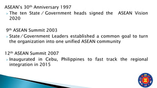 ASEAN’s 30th Anniversary 1997
 The ten State ⁄ Government heads signed the ASEAN Vision
2020
9th ASEAN Summit 2003
 State ⁄ Government Leaders established a common goal to turn
the organization into one unified ASEAN community
12th ASEAN Summit 2007
 Inaugurated in Cebu, Philippines to fast track the regional
integration in 2015
 