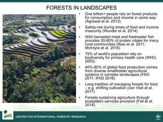 FORESTS IN LANDSCAPES
• One billion+ people rely on forest products
for consumption and income in some way
(Agrawal et al....
