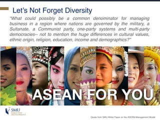 Let’s Not Forget Diversity
“What could possibly be a common denominator for managing
business in a region where nations are governed by the military, a
Sultanate, a Communist party, one-party systems and multi-party
democracies-- not to mention the huge differences in cultural values,
ethnic origin, religion, education, income and demographics?”
Quote from SMU White Paper on the ASEAN Management Model
 