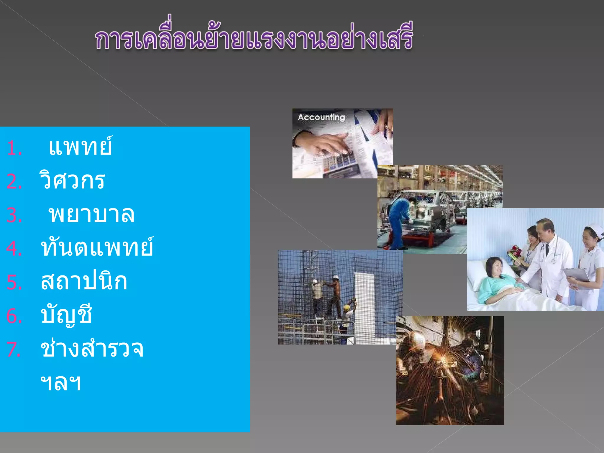 แพทย์ วิศวกร พยาบาล ทันตแพทย์ สถาปนิก บัญชี ช่างสำรวจ ฯลฯ 
