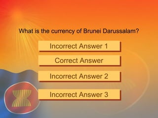 What is the currency of Brunei Darussalam?
Incorrect Answer 1Incorrect Answer 1
Correct AnswerCorrect Answer
Incorrect Answer 2Incorrect Answer 2
Incorrect Answer 3Incorrect Answer 3
 