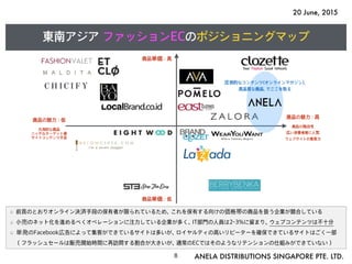 20 June, 2015
ANELA DISTRIBUTIONS SINGAPORE PTE. LTD.8
東南アジア ファッションECのポジショニングマップ
商品単価 : 高
商品の魅力 : 高
商品の独自性
広い消費者層に人気 
ウェブサイトの集客力
商品単価 : 低
商品の魅力 : 低
凡用的な商品
ニッチなターゲット層 
サイトコンテンツ不足
圧倒的なコンテンツ(オンラインマガジン),
高品質な商品, でここを取る
前頁のとおりオンライン決済手段の保有者が限られているため、これを保有する向けの価格帯の商品を扱う企業が競合している
小売のネット化を進めるべくオペレーションに注力している企業が多く、IT部門の人員は2-3%に留まり、ウェブコンテンツは不十分
単発のFacebook広告によって集客ができているサイトは多いが、ロイヤルティの高いリピーターを確保できているサイトはごく一部
（フラッシュセールは販売開始時間に再訪問する割合が大きいが、通常のECではそのようなリテンションの仕組みができていない）
 