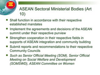 ASEAN Sectoral Ministerial Bodies (Art
10)
 Shall function in accordance with their respective
established mandates
 Implement the agreements and decisions of the ASEAN
summit under their respective purview
 Strengthen cooperation in their respective fields in
supports of ASEAN integration and community building
 Submit reports and recommendations to their respective
Community Councils
 Such as Senior Official Meeting (SOM), Senior Official
Meeting on Social Welfare and Development
(SOMSWD), ASEAN Committee on Women
 