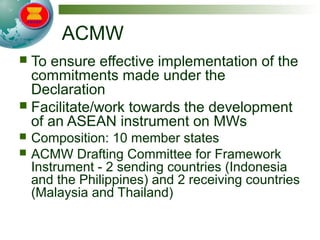 ACMW
 To ensure effective implementation of the
commitments made under the
Declaration
 Facilitate/work towards the development
of an ASEAN instrument on MWs
 Composition: 10 member states
 ACMW Drafting Committee for Framework
Instrument - 2 sending countries (Indonesia
and the Philippines) and 2 receiving countries
(Malaysia and Thailand)
 
