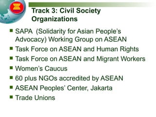 Track 3: Civil Society
Organizations
 SAPA (Solidarity for Asian People’s
Advocacy) Working Group on ASEAN
 Task Force on ASEAN and Human Rights
 Task Force on ASEAN and Migrant Workers
 Women’s Caucus
 60 plus NGOs accredited by ASEAN
 ASEAN Peoples’ Center, Jakarta
 Trade Unions
 