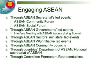 Engaging ASEAN
1. Through ASEAN Secretariat’s led events
 ASEAN Community Forum
 ASEAN Social Forum
2. Through ASEAN Governments’ led events
 Interface Meeting with ASEAN leaders during Summit
3. Through ASEAN Sectoral ministers’ led events
4. Through ASEAN WG/Initiative led events
5. Through ASEAN Community councils
6. Through countries’ Department of ASEAN/ National
secretariat of ASEAN
7. Through Committee Permanent Representatives
 
