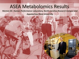 ASEA Metabolomics Results

Nieman DC. Human Performance Laboratory, North Carolina Research Campus and
Appalachian State University

 