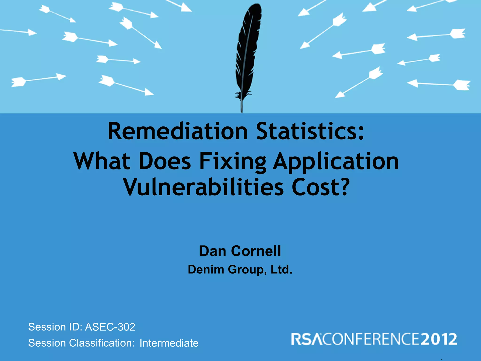Remediation Statistics:
         What Does Fixing Application
            Vulnerabilities Cost?

                                       Dan Cornell
                                 Denim Group, Ltd.



Session ID: ASEC-302
Session Classification: Intermediate
 