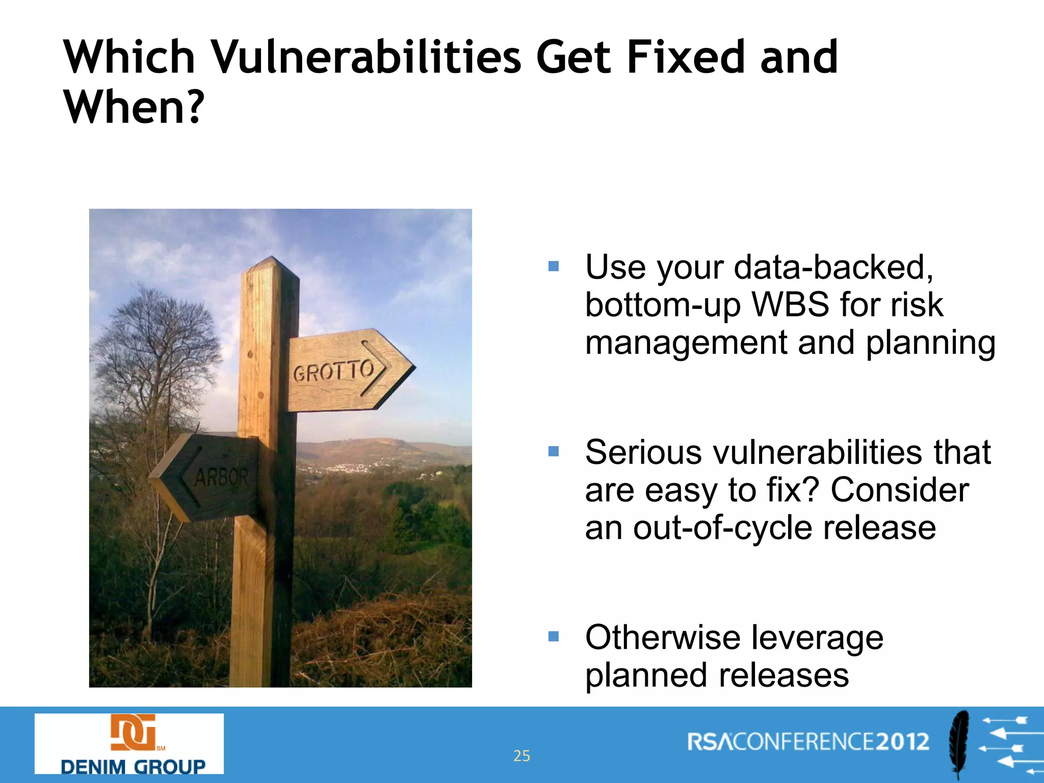 Which Vulnerabilities Get Fixed and
When?


                          Use your data-backed,
                           bottom-up WBS for risk
                           management and planning


                          Serious vulnerabilities that
                           are easy to fix? Consider
                           an out-of-cycle release


                          Otherwise leverage
                           planned releases

                    25
 