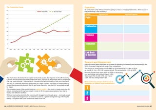 www.tutor2u.net 4544 A LEVEL ECONOMICS YEAR 1 (AS) Revision Workshop
The Productivity Puzzle
Productivity Pre-crisis trend
The chart above illustrates the so-called ‘productivity puzzle’ that impacts on the UK Economy.
It shows the real productivity index (output per hour, 2007=0) in red and the level of productivity
that may have occurred if improvements in productivity had continued on their pre-crisis trend.
This lack of continually improving productivity is a major concern. The issue is compounded by
the fact that productivity levels in the UK are worse than all of the other G7 economies except
for Japan.
One possible cause of the puzzle could be a policy conflict – the push to create more jobs (to
reduce unemployment) may have meant in order to fill the vacancies employers have had to
employ less effective workers.
Without improved productivity the economy will struggle to continually grow – eventually people
can no longer work longer hours or continue to work to a greater and greater age. We may be
seeing a long-term shift in the productivity rates of the UK.
Evaluation
To what extent is the UK Government’s policy to reduce unemployment levels a direct cause of
low productivity in the economy?
Research and Development
Although recent years have seen an increase in spending on research and development in the
UK it continues to lag behind many of our competitors.
The amount of money being put into R&D by UK business hit £19.9bn in 2014,
up from £19.1bn in 2013 at constant prices. This amounted to 1.1% of GDP.
However, South Korea spent 4.1% of GDP on developing
new technology and products, Japan 3.4%,
Germany 2.9%, the US 2.7% and France
2.2%. The EU average was 1.9pc.
PEEEL Argument for Argument against
Point
Explanation
Evidence
Evaluation
Link Back
to Question
1
2
3
What are the key dangers from a lack of
investment in research and development?
 