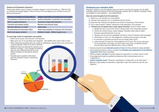 54 A LEVEL ECONOMICS YEAR 1 (AS) Revision Workshop www.tutor2u.net 55
Analysis and Explanation Questions
These nearly always require at least one analysis diagram to score full marks e.g. “With the help
of a demand and supply diagram.” Here are some of the key diagrams you will need to know for
AS microeconomics.
To score high marks on explanation and analysis
• Define the economic terms that are in the question
• Make good use of one (possibly more) diagrams - fully labelled with correct units on axes.
• When explaining something, there are marks for identifying a relevant factor and constructing
a logical argument linked to the factor identified
• Additional marks are awarded for relevant use of
elasticity concepts – if you change the elasticity,
often you get a different outcome (e.g. the
effects of taxation on demand for de-merit
goods)
• Carefully look at question instructions
and then attempt to answer, maintaining
relevance
Production Possibility Curve (and shifts in) Negative externalities in production and consumption
Price elasticity of demand and total revenue Positive externalities in production and consumption
Shifts in supply and demand Economies of large scale production
Consumer and producer surplus Maximum and minimum prices
Allocative efficiency in a market Indirect taxes
De-merit goods and information failure Government subsidies for producers and consumers
Buffer stock agency schemes Elasticity of supply – different supply curves
Developing your evaluation skills
Evaluation questions carry the highest marks and ask for more from the student. For the AQA
evaluation marks are reserved for the final essay-style question. But for EdExcel, evaluation marks
are available in more questions – summarised below:
Here are some thoughts from the examiners
(i) Before you can evaluate you must analyse!
(ii) Evaluate each argument as it is introduced into the answer
(iii) Examiners like students who develop clear chains of reasoning in their answers
(iv) Try to make at least 3 “explicit” references to the data given in the question
(v) “Answers do not always have a clear, logical structure”. Hints for better marks:
a. Identify the area of economics which is being tested in the essay-style question
b. Outline the relevant theory, using a diagram if possible (they really do help!)
c. Evaluate arguments/policies as you go
d. Develop one key point per paragraph and leave a clear line between each paragraph
e. Remember to come to a ‘final judgement’ including referring back to the data
f. A conclusion is essential and should not just repeat earlier points
g. Leave yourself 5 minutes for a final judgement of 4-5 lines. This is time well spent.
Try to incorporate a new idea, e.g. how a policy may impact on different parties;
how the policy may have different short v long run effects.
• Answers should include alternative points of view and these should be clearly identified
• Some attempt should be made to consider the strengths and weaknesses of the different
viewpoints. [Rank them if possible].
• Where possible, use data to provide support for arguments or to refute a point of view
• Final judgements might be qualified by statements that include phrases such as
‘it depends on’.
• Useful evaluative words: “However, nevertheless, it is likely that, on the other hand….”
• Maintain a high quality of presentation, especially in high mark questions and with your
diagrams.
 