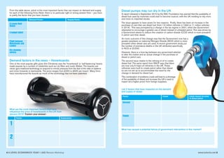 4 A LEVEL ECONOMICS YEAR 1 (AS) Revision Workshop www.tutor2u.net 5
£
From the table above, which is the most important factor that can impact on demand and supply
for each of the following firms (Note: there is no particular right or wrong answer here – you have
to justify the factor that you have chosen):
Demand factors in the news – Hoverboards:
One of the most popular gifts given this Christmas was the ‘hoverboard’ or ‘self-balancing’ board,
made popular by a number of celebrities such as Lily Allen and Justin Bieber. The boards use
clever gyro-rotational technology to respond to minute pressure from the feet of the rider to balance
and move forwards or backwards. The price ranges from £250 to £600 per board. Many firms
have manufactured the boards as much of the technology has not been patented.
Demand Factor
A Luxury Gold
Watch
A budget tablet
Flight between
Manchester and
London
Dry cleaning
service
Supply Factor
Factor Explanation
1
2
What are the most important factors that have
influenced the price of hoverboards in the UK from
January 2016? Explain your answer:
Diesel pumps may run dry in the UK
A report released in September 2015 by the RAC Foundation has warned that the availability of
diesel fuel used by motorists could start to become scarcer, with the UK needing to rely more
and more on imported stocks.
The issue appears to have arisen for two reasons. Firstly, there has been an increase in the
purchase of cars that use diesel fuel (from 1.6 million vehicles in 1994 to 11 million vehicles
in 2014). This was prompted by a change in the tax regime in 2001, when the Government
attempted to encourage a greater use of diesel instead of unleaded petrol. This was driven by
a Government desire to reduce the creation of carbon dioxide (CO2) which is more prevalent
in petrol cars than diesel.
An ironic outcome of this change was that the Government now has a
greater emphasis on reducing Nitrogen Dioxide (NO2) which is more
prevalent when diesel cars are used. A recent government study put
the number of premature deaths in the UK attributed specifically
to NO2 at 23,500.
However, there is a time-lag between any government attempt
to alter the market and an actual change in the purchase of
diesel or petrol cars.
The second issue relates to the refining of oil to create
diesel fuel. The same report from RACF says that there
are now only 6 major oil refineries in the UK. These
refineries were built to create petrol rather than diesel
so are not set up to accommodate the need for the
change in demand for diesel fuel.
This combination of problems could well lead to a shortage
of the availability of diesel and increase the UK’s need to
import (at a higher price) from foreign suppliers.
List 2 factors that have impacted on the demand
and supply of diesel.
Factor Cause
Demand
Supply
Likely impact on price
of diesel petrol
What has caused a potential failure of government intervention in this market?
 