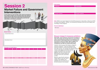 12 A LEVEL ECONOMICS YEAR 1 (AS) Revision Workshop www.tutor2u.net 13
Session 2
Market Failure and Government
Interventions
In this session we will consider under what circumstances
free-market conditions do not always lead to the optimum
social outcome. We will also look at how the Government
intervenes to combat such market failure and how this
intervention is not always successful,
Market Failure
Examples of market failure
Complete Market Failure:
Succinct definitions!
Merit Good
Partial Market Failure:
1
Externalities:
Example
2
Example
3
Example
4
Example
5
Example
Production Consumption
Example (positive) Example (negative)
Note: AQA do not require diagrams for their AS assessment on externalities. Edexcel and OCR
do require such diagrams. Activity 1 for the Extension Activities at the end of this chapter tests
knowledge of these diagrams.
Museum charges for temporary exhibitions
Since 2001, most museums in the UK do not charge for
entry. This change was brought about by a government
policy aimed at improving access to and attendance at
the country’s cultural heritage. Figures suggest that
attendance at museums across the country has
increased by over 50% as a result of this policy.
However, some museums still maintain a charge for
temporary exhibitions. These are exhibitions that
showcase artefacts or historical information loaned
from other sources. For example, the exhibition entitled
‘Sunken cities: Egypt's lost worlds’ (showing
images and artefacts from two ancient
Egyptian cities lost to the sea) at the
British Museum between May and
November 2016 will cost £16.50
to enter.
Museums argue that this admission
charge helps to cover the cost of
putting on the exhibition and
subsidises the cost of free entry to
the main sections of the museum.
 